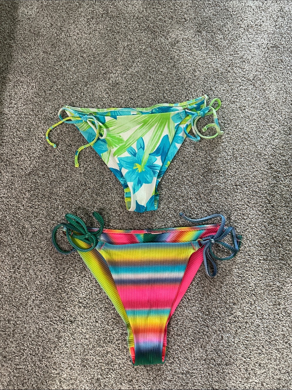 aerie Womens Tropical Floral & Rainbow Tie-Side Swim Bottoms - Green, Blue, Pink